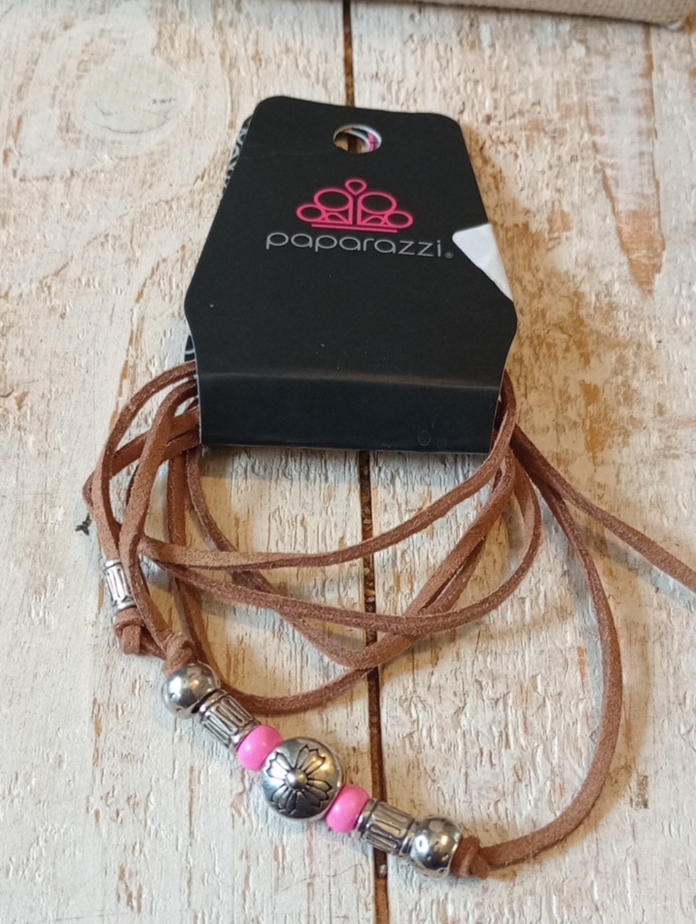 paparazzi Brown Suede Multi-Strand Bracelet/Necklace/Ankle with Pink Beads